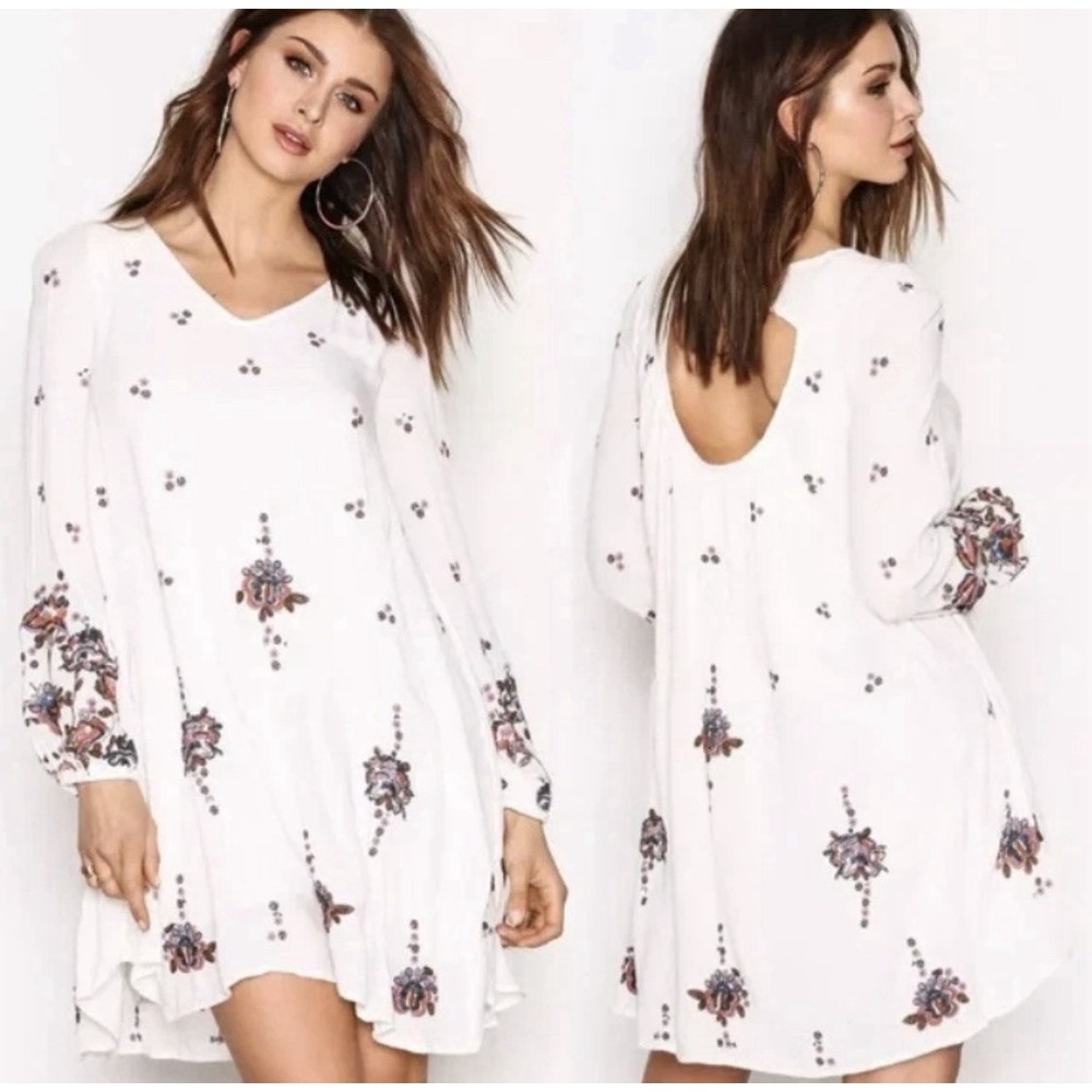 Free People Oxford Babydoll Embroidered Bell Sleeves White Boho Swing Dress L
